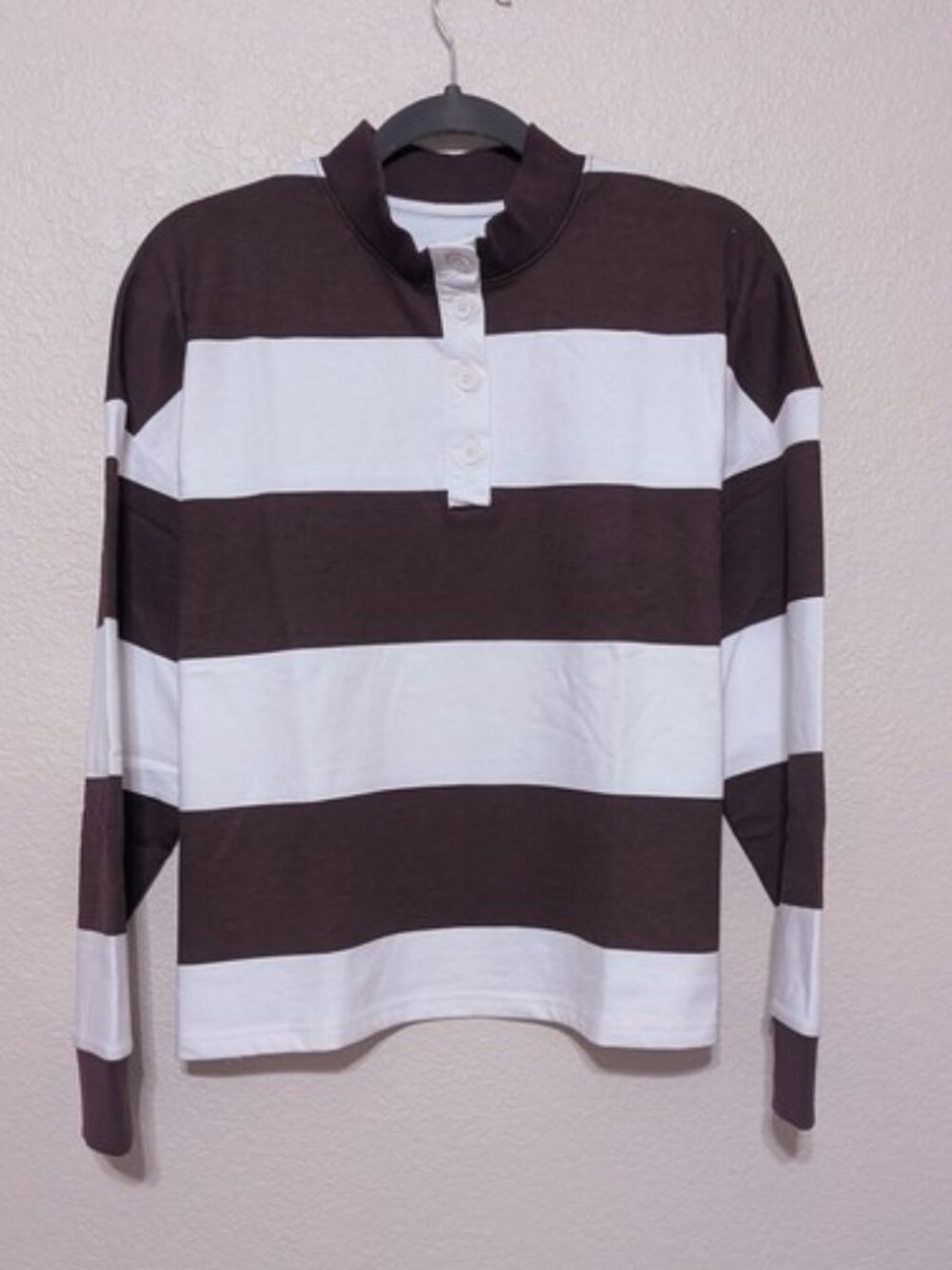 Antigua Rugby Shirt Womens M Chocolate Brown Maroon Block Striped Polo Preppy